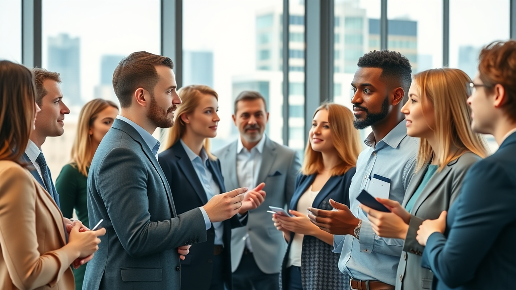 fractional CMO networking event, diverse marketing professionals engaging, exchanging business cards, modern conference room, city skyline, professional attire