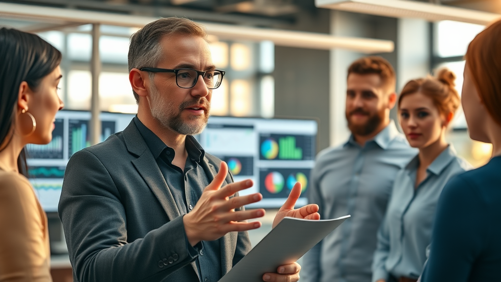 experienced marketing operations manager giving guidance to team over digital project management tools, symbolizing catalyzing success in marketing operations management