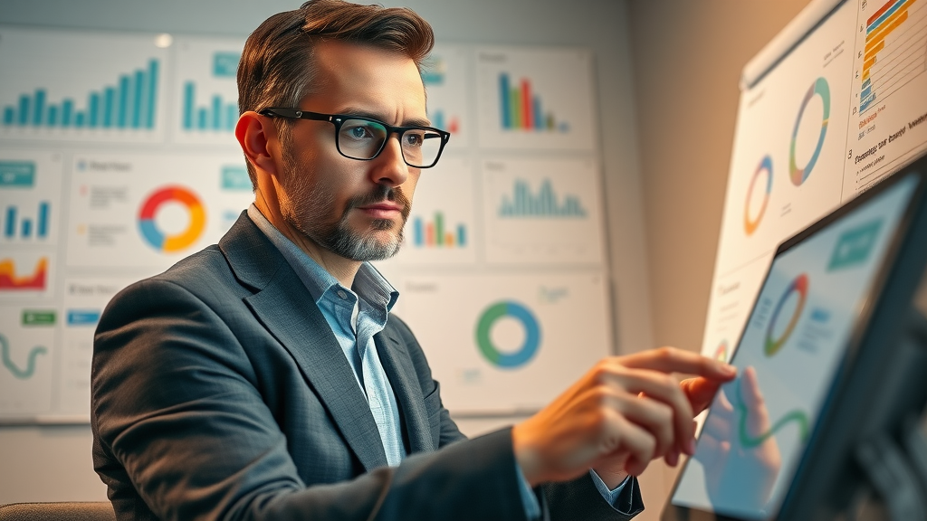 marketing consulting firm strategist analyzing data at a digital dashboard in high-fidelity office environment