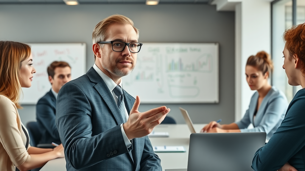fractional chief marketing officer coaching a marketing team during brainstorming in a modern boardroom