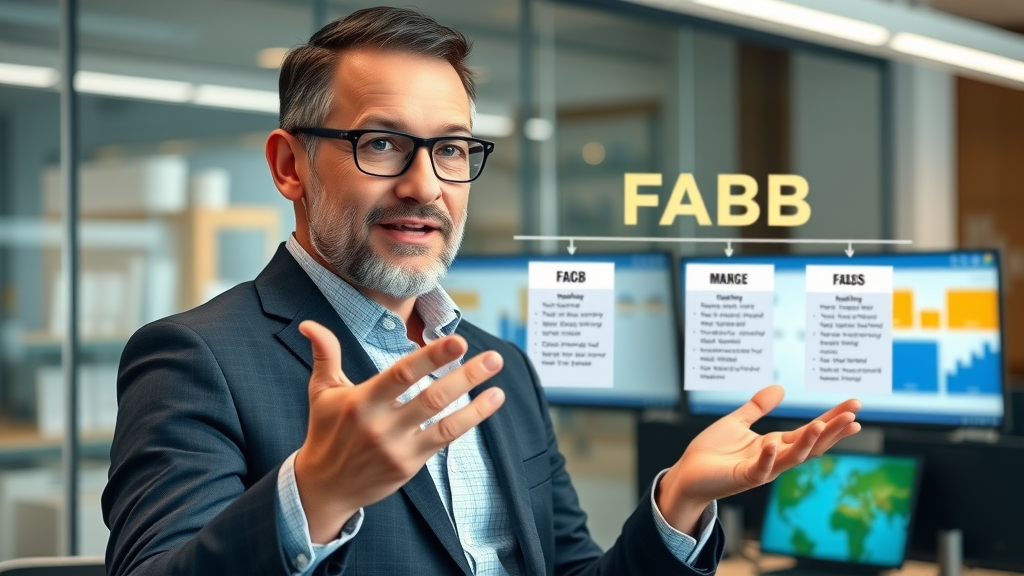 Marketing expert confidently presenting FABB framework marketing concepts in modern office