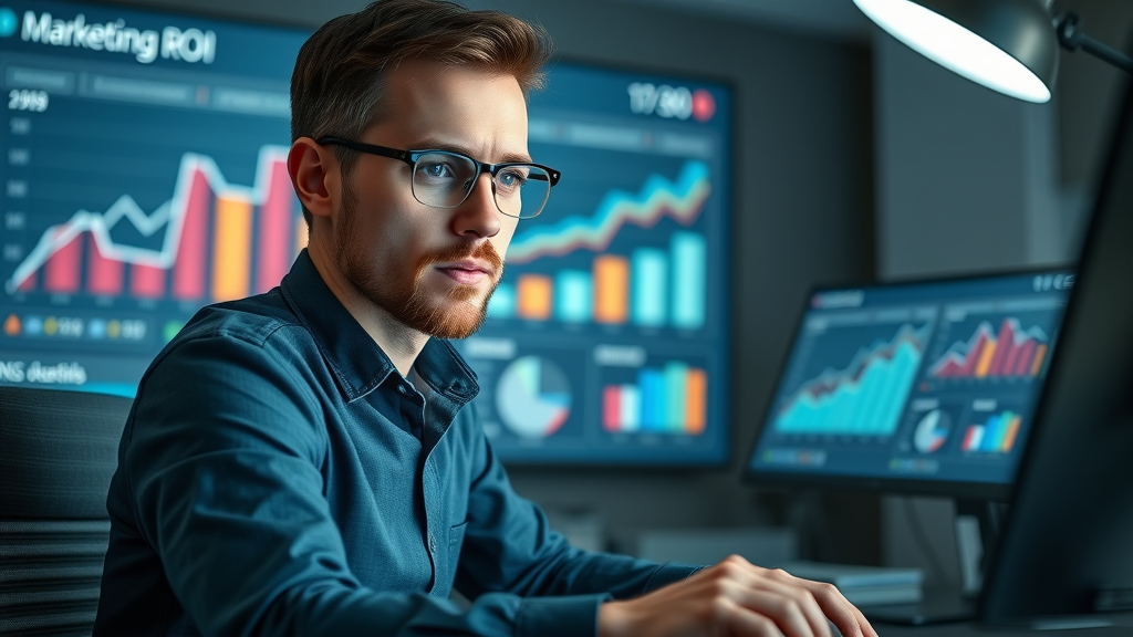 Digital marketing analyst monitoring ROI metrics using performance tracking software