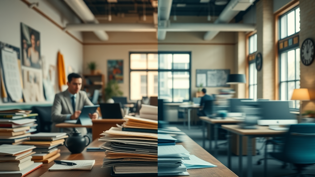 contrast between old-fashioned paperwork-based office and modern technologically advanced marketing ops hub, transition from paper to digital tools in marketing operations management