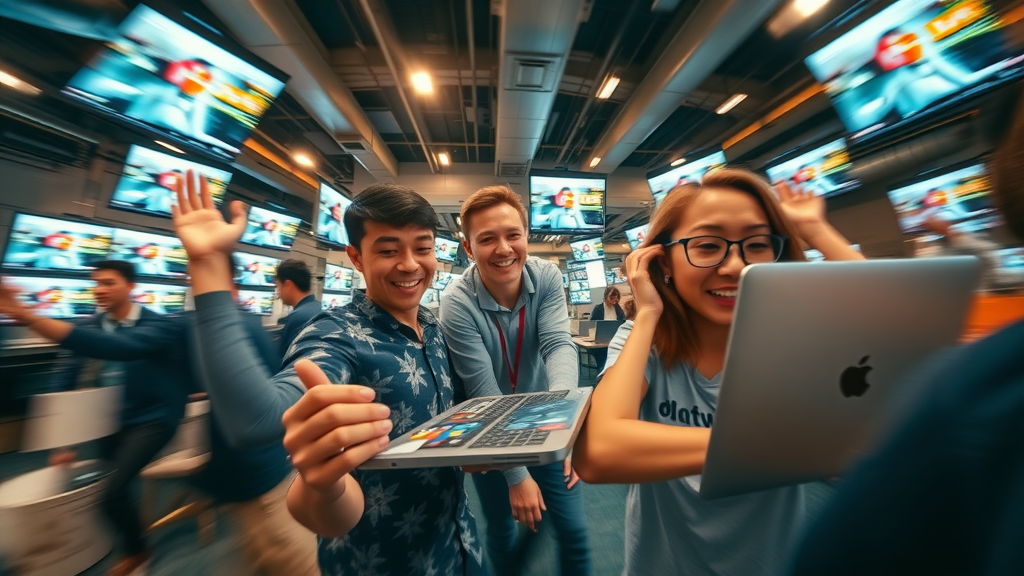 Fast-paced marketing team launching digital campaigns with fractional CMO services, digital screens and laptops in startup hub