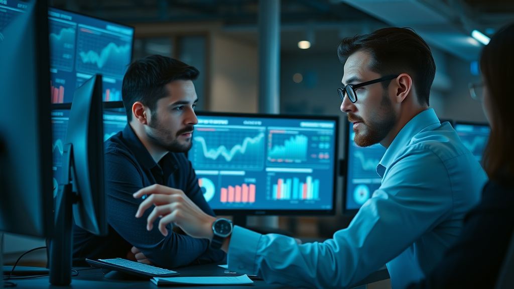 analytical growth marketing team reviewing real-time analytics on multiple screens in a high-tech workspace environment