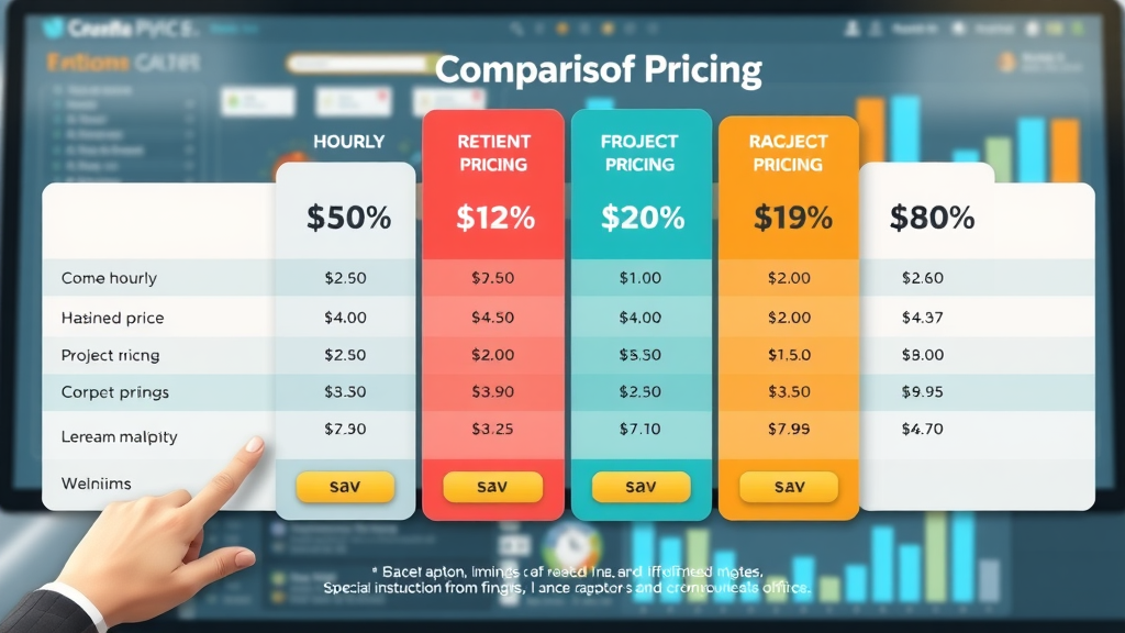colorful comparison table showing hourly rate, retainer, project pricing for fractional CMO services, digital office dashboard backdrop, cohesive bars, and icons for chief marketing officer and marketing team