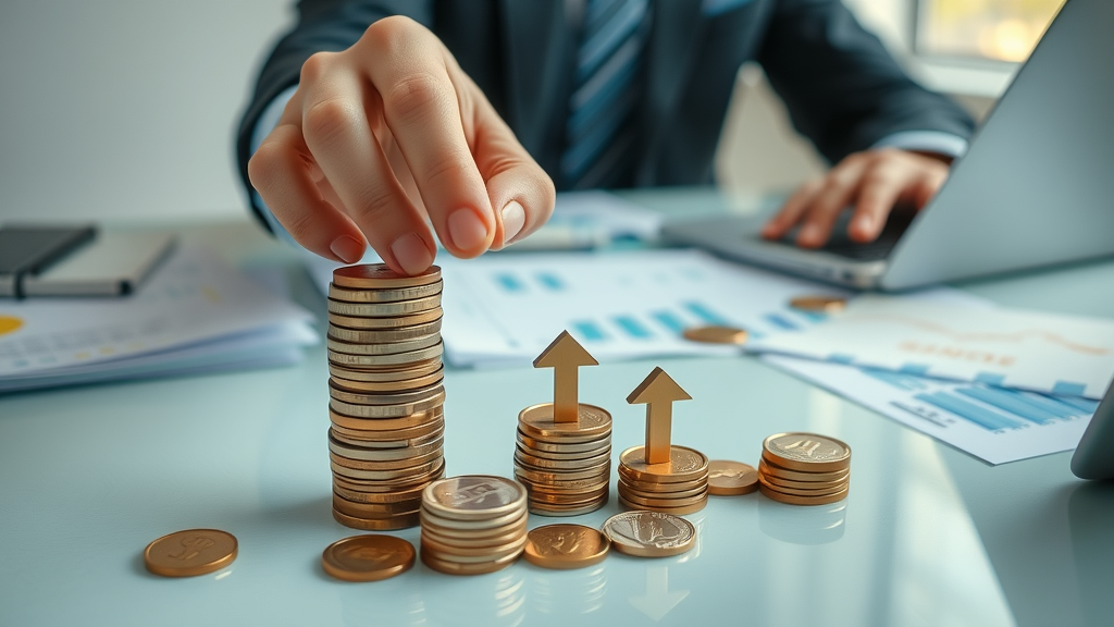 Stacking coins and ROI metrics driven by fractional CMO services, hands in motion, marketing success, business growth