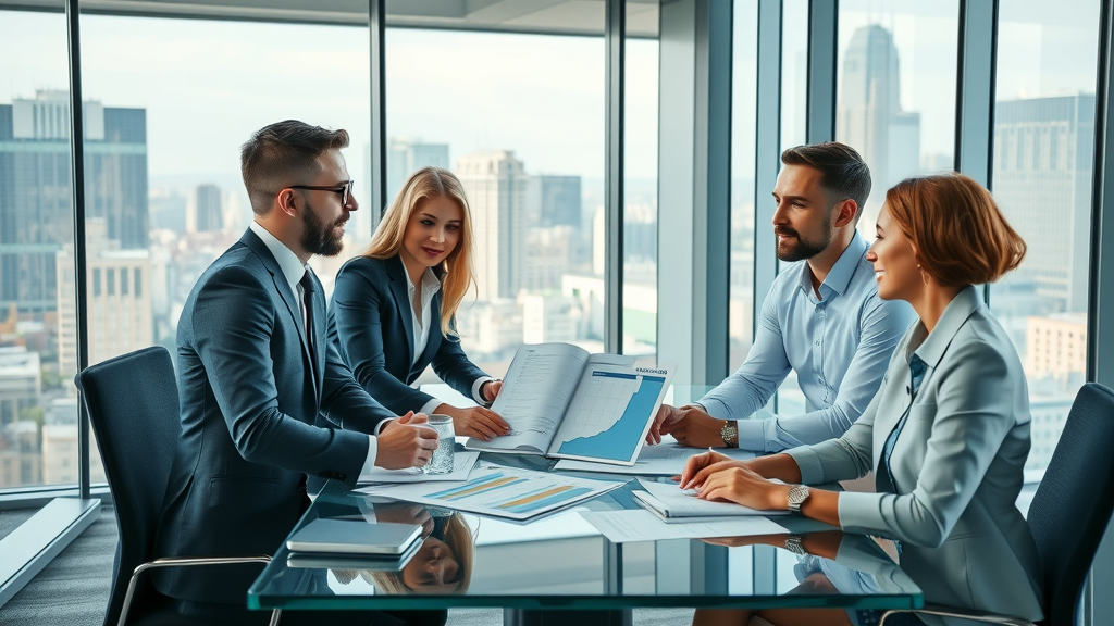 dynamic business professionals in a modern office discussing strategy charts, fractional CMO benefits