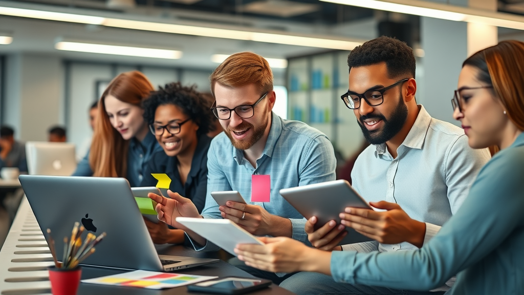 Diverse marketers collaborating and researching target audience insights