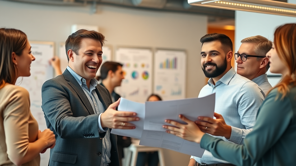 Fractional CMO service enthusiastic executive collaborating on marketing strategy in open office