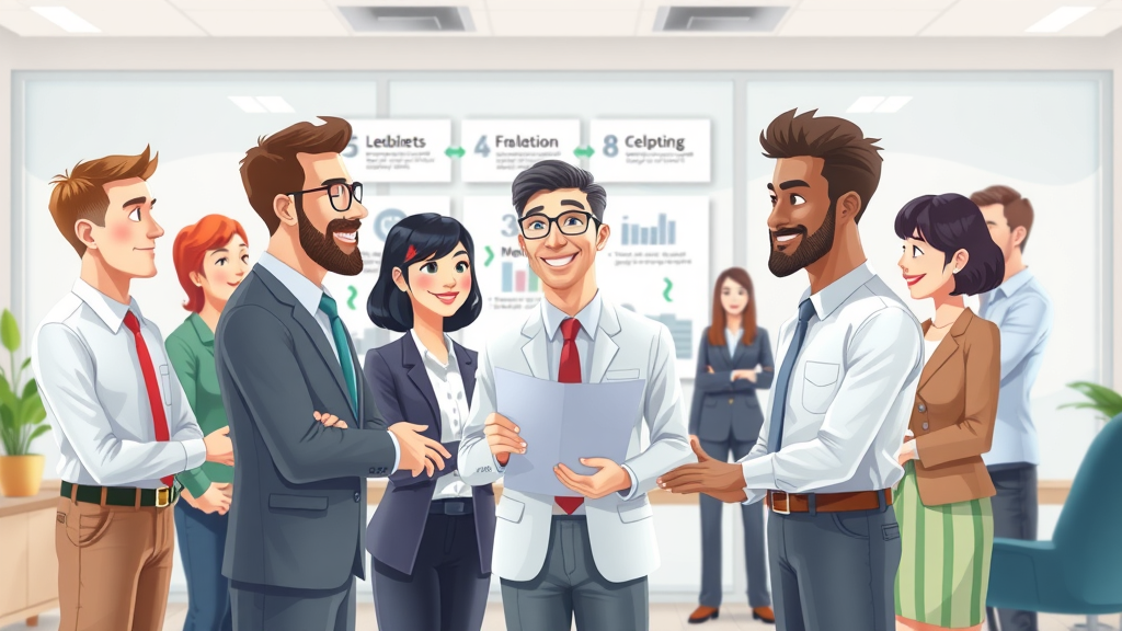 Illustration of a structured, step-by-step onboarding process for seamless fractional CMO integration, managers welcoming new executive