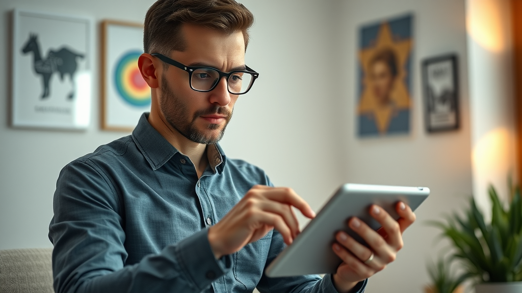focused marketing professional mapping out career strategy on digital tablet, creative workspace