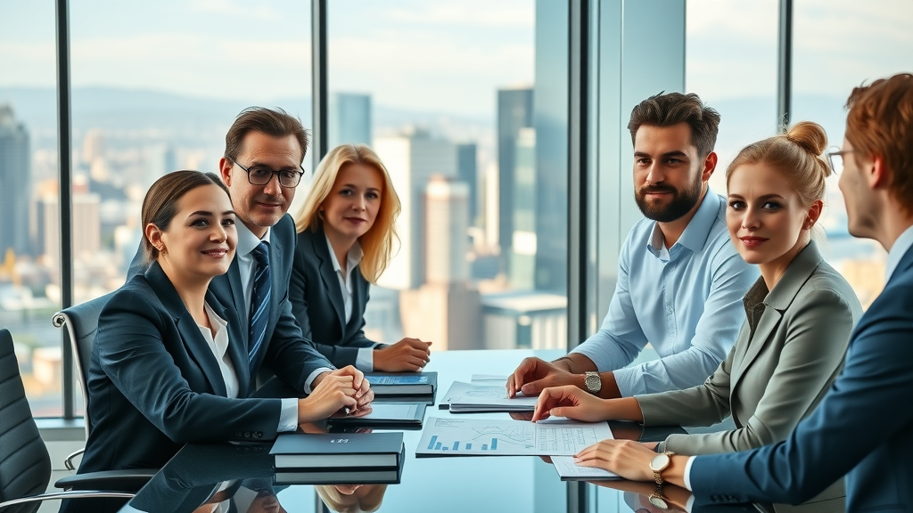 Sophisticated business team analyzing strategy with marketing leadership outsourcing, modern office with digital dashboards, city skyline