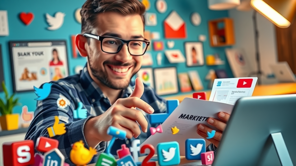Marketer planning social media content using FABB framework marketing across platforms in a vibrant, cartoon style