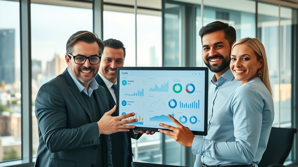 Inspirational corporate marketing team collaborating around a digital dashboard representing marketing leadership trends