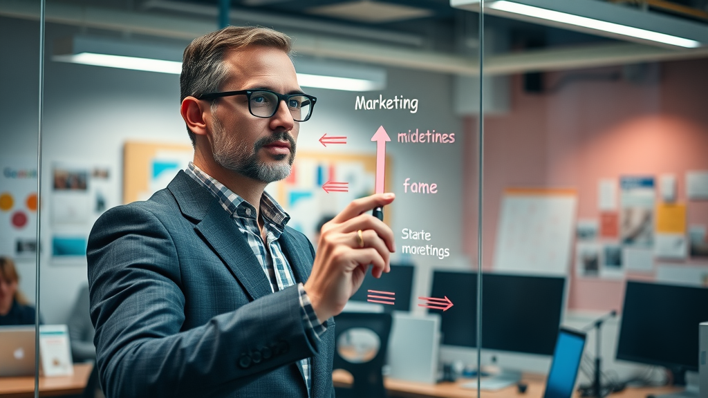 Visionary strategist drawing a marketing roadmap connecting milestones, creative agency workspace
