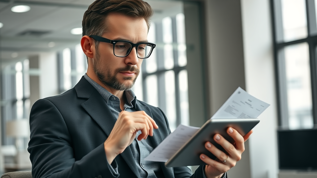 fractional chief marketing officer with analytical expression reviewing digital marketing portfolios