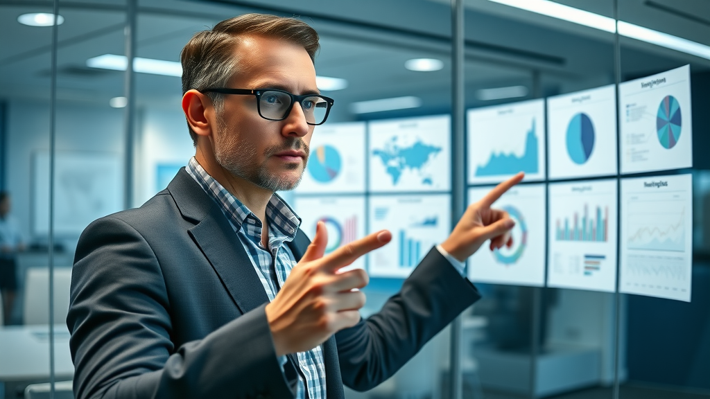 Outsourced marketing leadership: Analytical marketing expert reviewing CMO models with comparative infographics in conference room