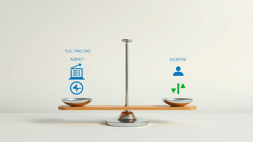 comparison infographic for full-time cmo, marketing agency, and fractional cmo, showing cost, expertise, flexibility