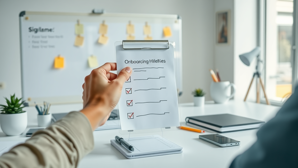 Fractional CMO onboarding checklist with digital devices and highlighted milestones