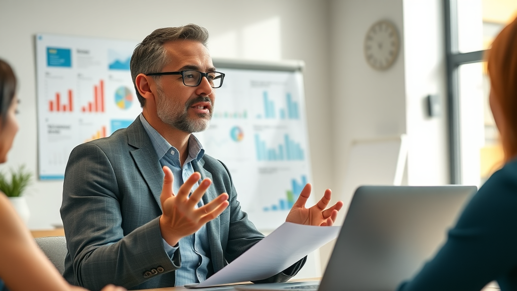 Professional marketing consultant explaining digital marketing strategies to small business clients to build trust and solutions