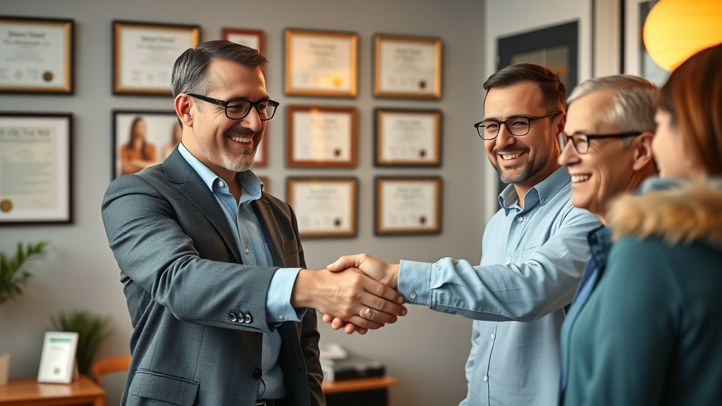 professional testimonial session with satisfied clients shaking hands with business owner