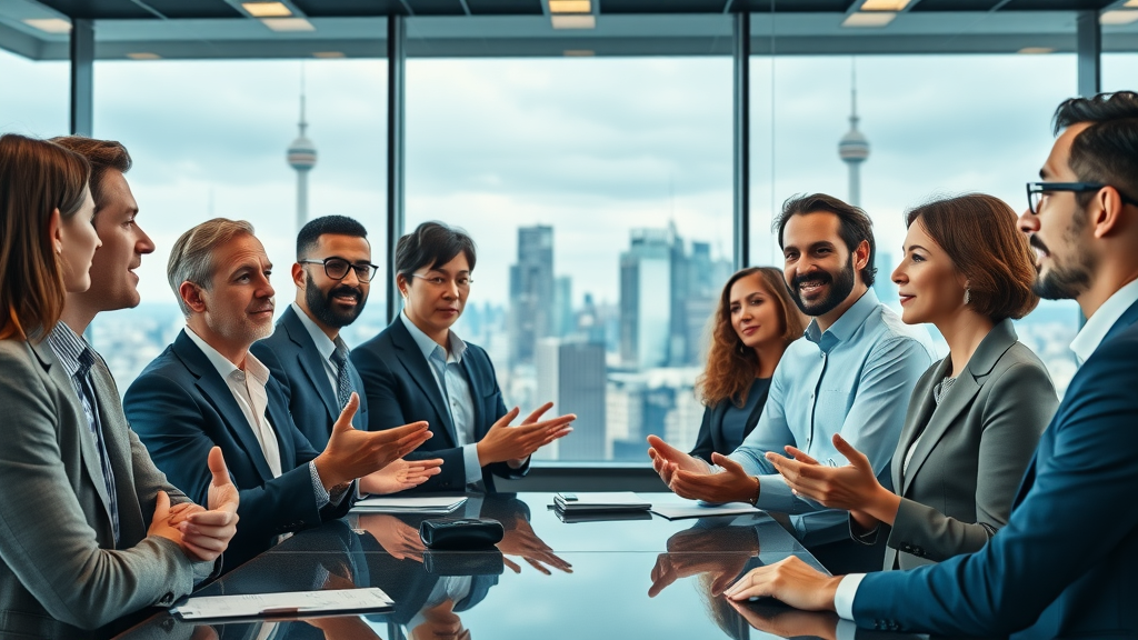 diverse group of business leaders discussing marketing leadership models, high-tech boardroom, panoramic cityscape, animated gestures