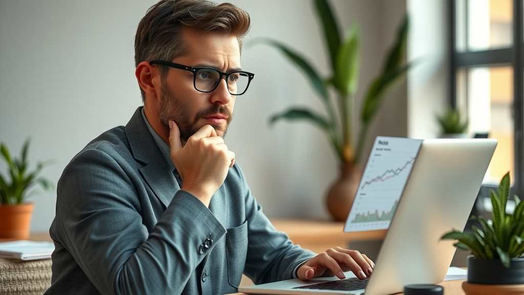 small business owner reviewing poor marketing analytics on laptop