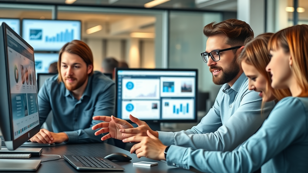 Dynamic digital marketing team collaborating to enhance customer-centric internet marketing