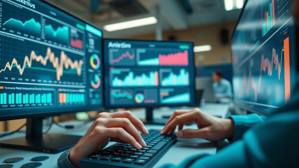 Innovative digital marketing dashboard analyzed by fractional CMO in a modern agency workspace