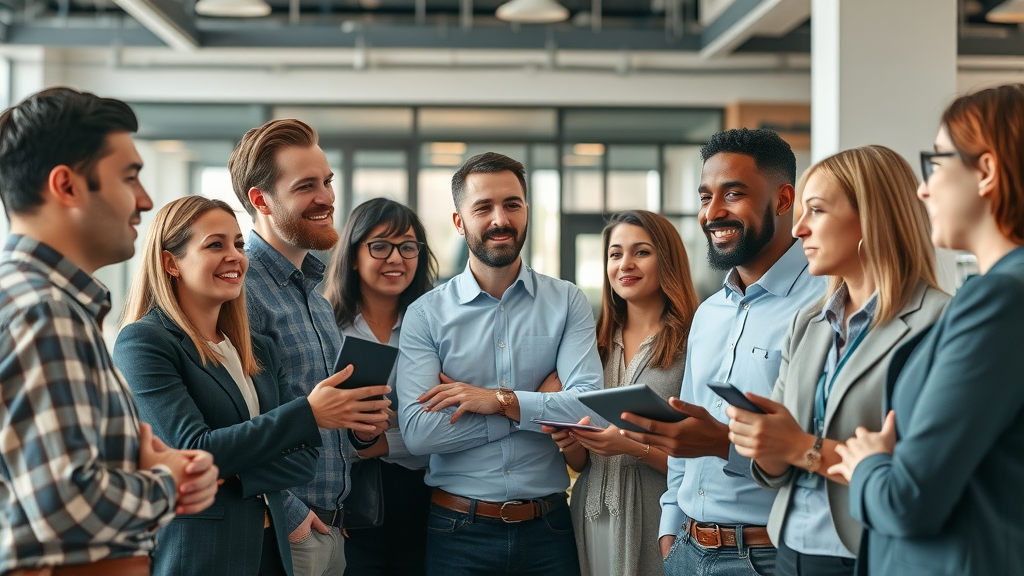 industries using fractional cmo services - Diverse professional teams from tech, retail, B2B, and enterprise discussing marketing strategies