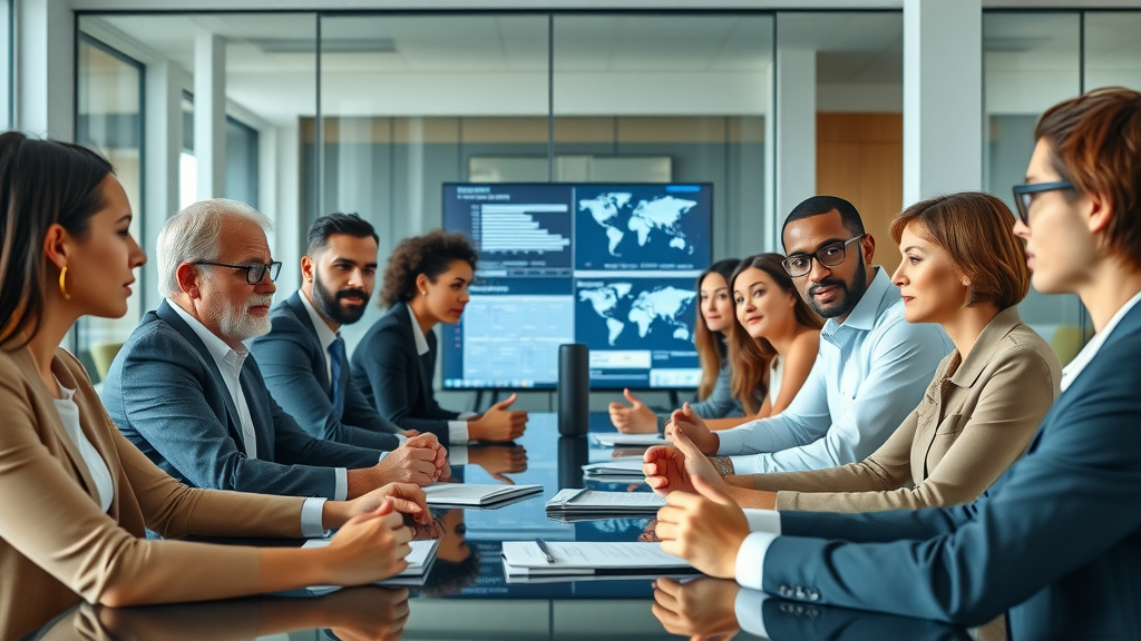 fractional CMO benefits with diverse business leaders in modern boardroom, growth strategy discussion, digital screens, glass walls