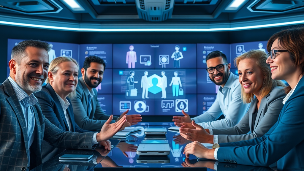 diverse senior marketing executives in virtual networking call with high-tech background, holographic displays