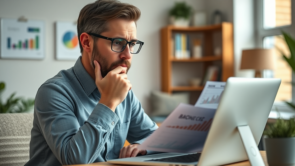 thoughtful marketing leader analyzing budget and resource charts, scalable marketing frameworks, modern office