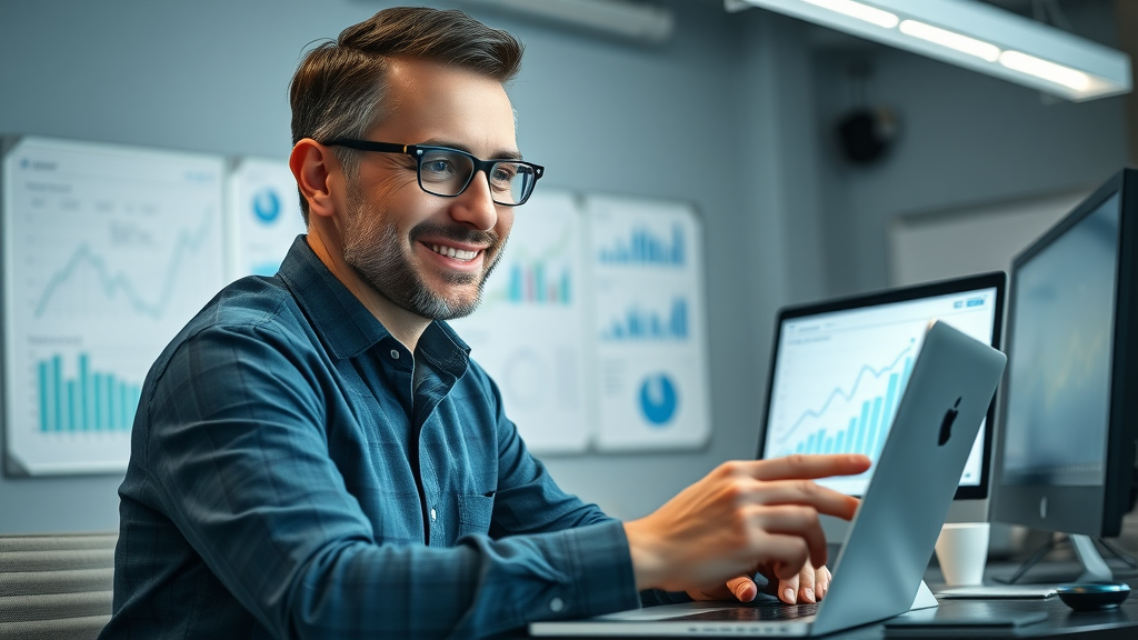Professional SaaS marketing leader reviewing revenue graphs on a laptop, tech office environment