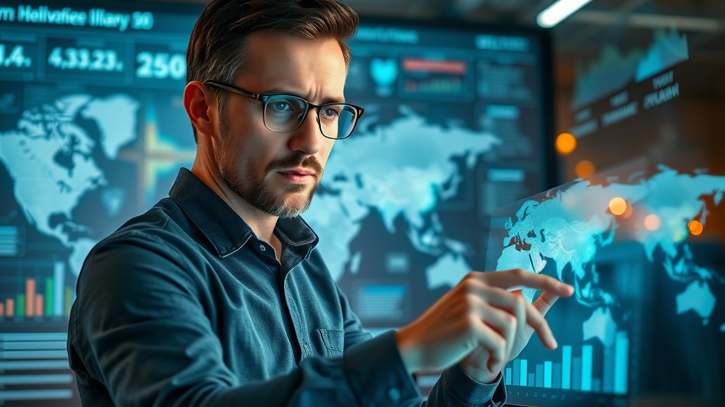 thoughtful marketing consultant reviewing geographic, deliverable-based variables on touchscreen, fractional cmo pricing factors, maps and charts in background, modern workspace, no text, professional posture