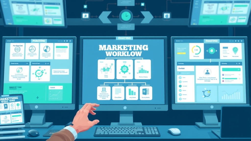 organized marketing workflow schematic illustrating interconnected processes and technology stacks, essential principles of marketing operations management