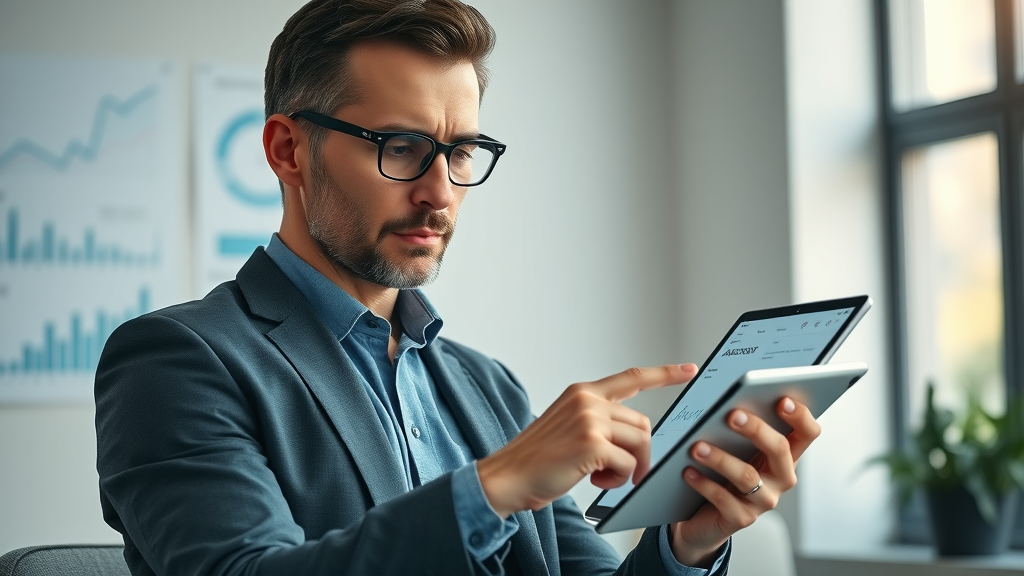 Experienced fractional marketing executive analyzing digital marketing analytics on tablet