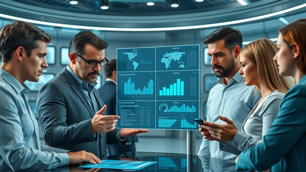 corporate team evaluating marketing leadership options, fractional CMO vs full-time CMO, digital dashboards, collaborative decision-making