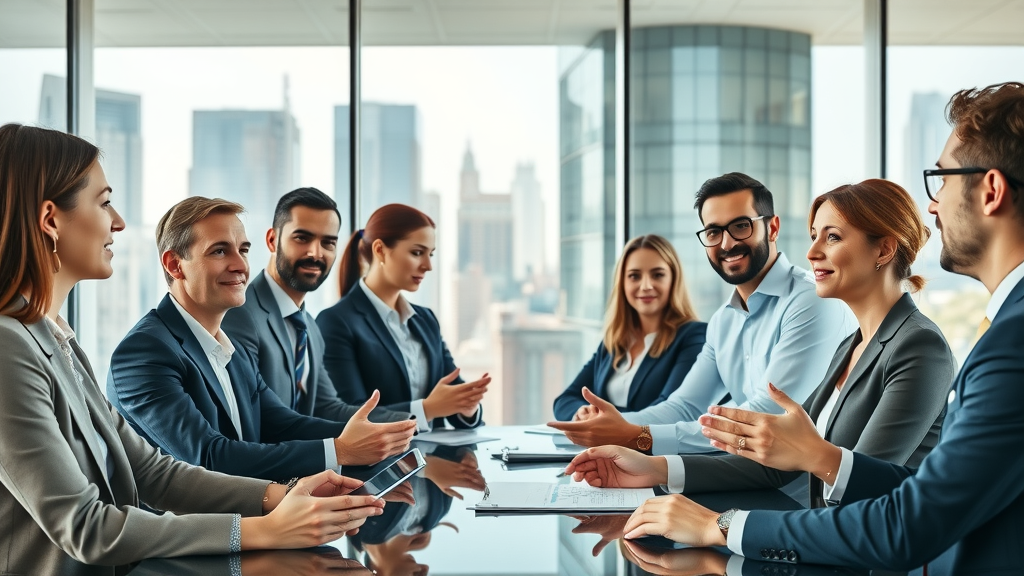 fractional CMO vs full-time CMO boardroom discussion, modern marketing leaders, city view office, collaboration
