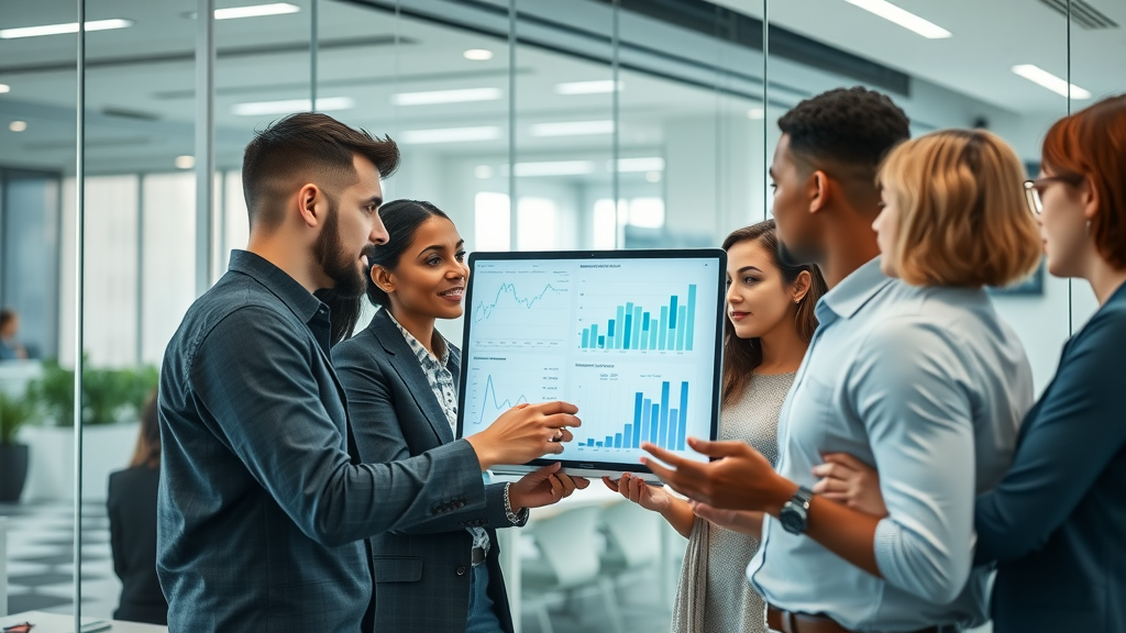 outsourced marketing leadership team analyzing performance metrics in a modern office