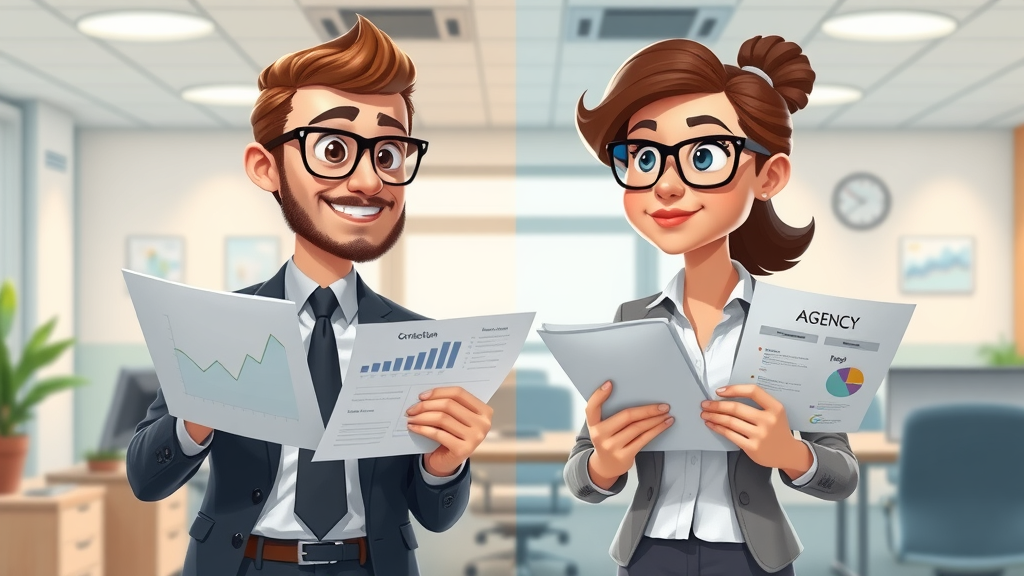 contrasting two professional marketers, one with charts, one with creative campaigns, fractional CMO agency versus marketing agency, pastel office setting