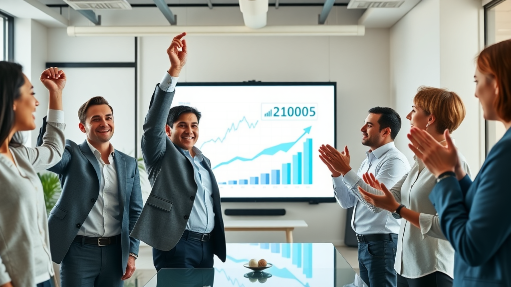Fractional CMO real-world example celebratory business team viewing growth metrics after successful marketing campaign