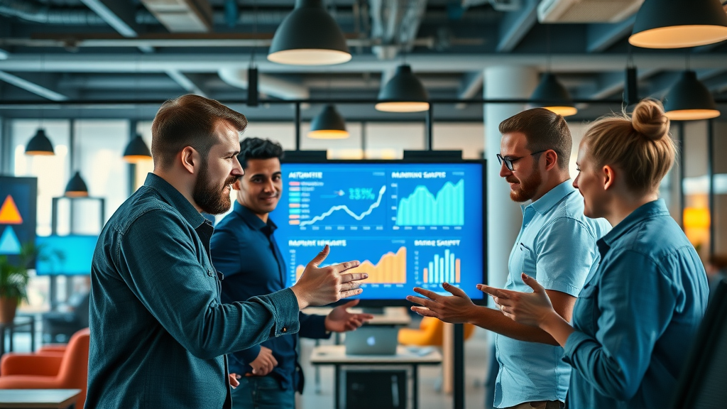 enthusiastic digital marketing team analyzing automation metrics, scalable marketing frameworks, modern office