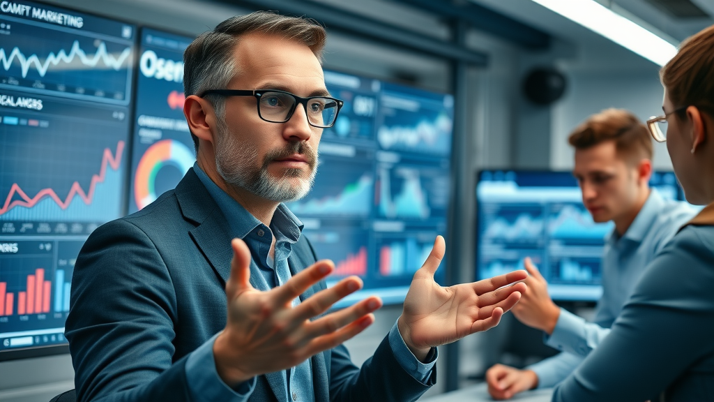 Focused marketing leader analyzing digital marketing dashboards, data-driven strategy with marketing analytics. benefits of fractional cmo, marketing strategy, marketing team discussion.