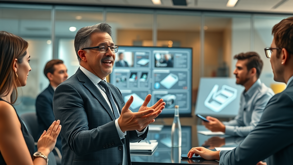 Focused business leader presenting innovative product concepts illustrating product marketing leadership trends in 2024