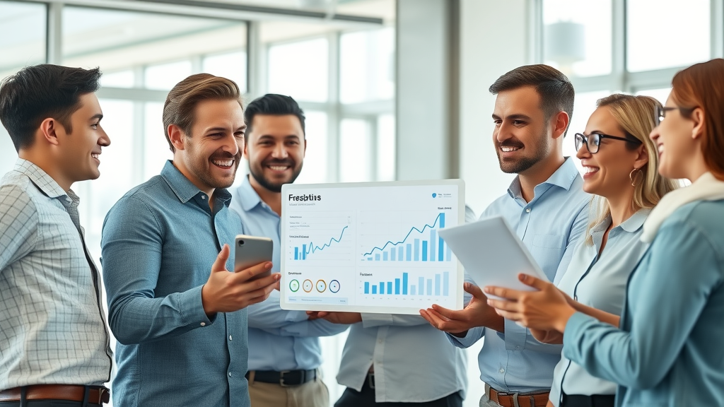fractional chief marketing officer and upbeat team reviewing progress during a brand transformation