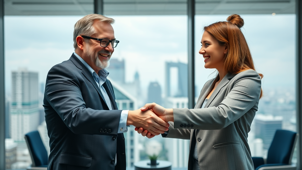 buy fractional cmo services - Business leaders and CMO expert finalizing an agreement in a modern office setting