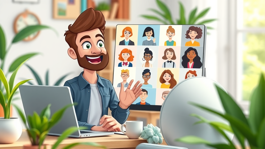 small business owner engaging in a virtual fractional cmo insights forum on a laptop, surrounded by modern home office decor
