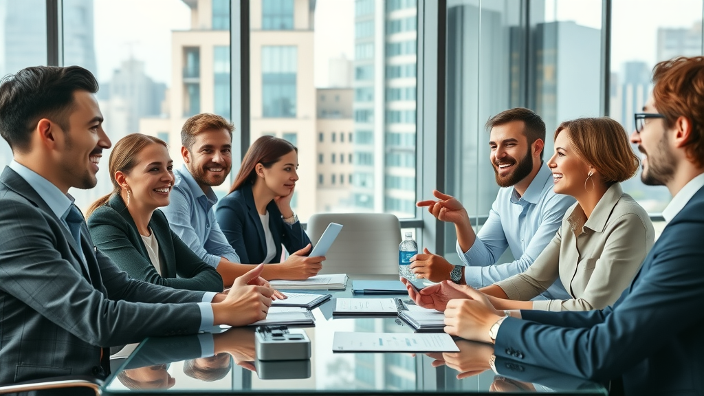 dynamic group of business professionals discussing innovative strategies at the fractional cmo insights forum in a modern office with city views
